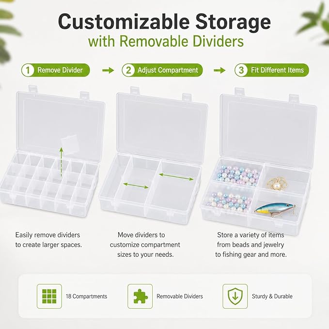 APACALI 6 Pack Plastic Organizer Box with Dividers, 18 Grids Clear Tackle Box Organizer, Adjustable Compartment Storage Boxes for Beads, Jewelry, Crafts, Fishing Lures, Screws and Small Parts