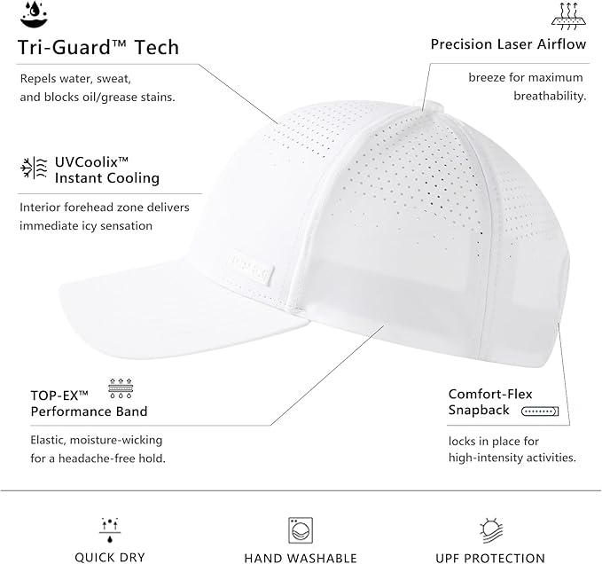 TOP-EX Performance Baseball Cap Water-Resistant Beathable Golf Running Cap Laser Cut Mesh Ball Curved Brim Snapback Hat