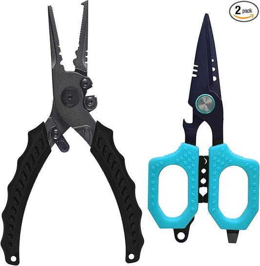 Eupheng Multi Function Fishing Pliers & Scissors Set 4.7" Titanium Coated,Saltwater Resistant Hook Remover with Safety Lock Split Ring Pliers & Fishing Shears for Braided Mono Fluorocarbon