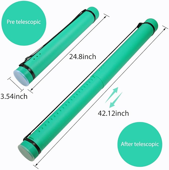 DEWEL Document Tube,Plastic Expanding Poster/Art/Document Storage Tube 24.5 to 40 inches Adjustable with Carrying Strap Waterproof and Light-Resistance Telescoping Carrying Case (Green-Large Size)