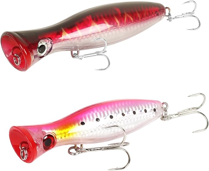 Large Top Water Popper Lure: 2pcs 3D Eyes Tuna Popper Saltwater Fishing Lures for Surf Fishing Gt Tuna Kingfish Large Predator Fish