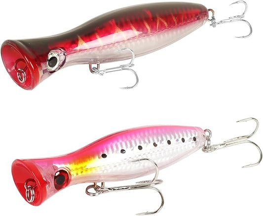 Large Top Water Popper Lure: 2pcs 3D Eyes Tuna Popper Saltwater Fishing Lures for Surf Fishing Gt Tuna Kingfish Large Predator Fish