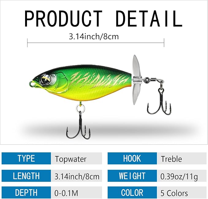 5Pcs Whopper Fishing Lure for Bass Popper Topwater Fishing Lures with Two Propeller Blade Floating Rotating Tail Barb Treble Hooks in Freshwater Plopping Lures