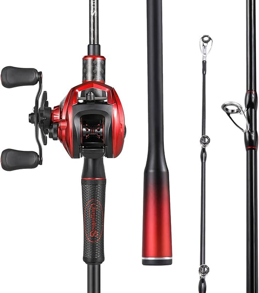 Sougayilang Baitcasting Combo – 30-Ton Graphite 2-Piece Rod, Stainless Steel Guides, Medium, 6.3:1 Gear Ratio, 18LB Drag, SuperPolymer Handle for Bass, Trout, Walleye – 6ft/7ft Travel Rod