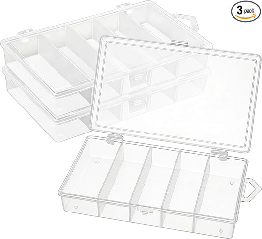 3 Pack 5-Grid Clear Plastic Fishing Tackle Accessory Box Fishing Tackle Storage Fishing Lure Bait Hooks Storage Box, 7x4.3x1.2inch