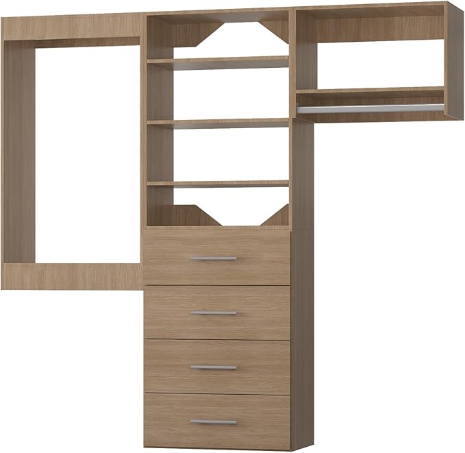 ROOMTEC Modular Closet System, 96" Wall Mounted Closet Organizer with Hanging Rods and Drawers, Modern Wooden Tower for Walk-In Closets, Wardrobe Storage Kit, Wood