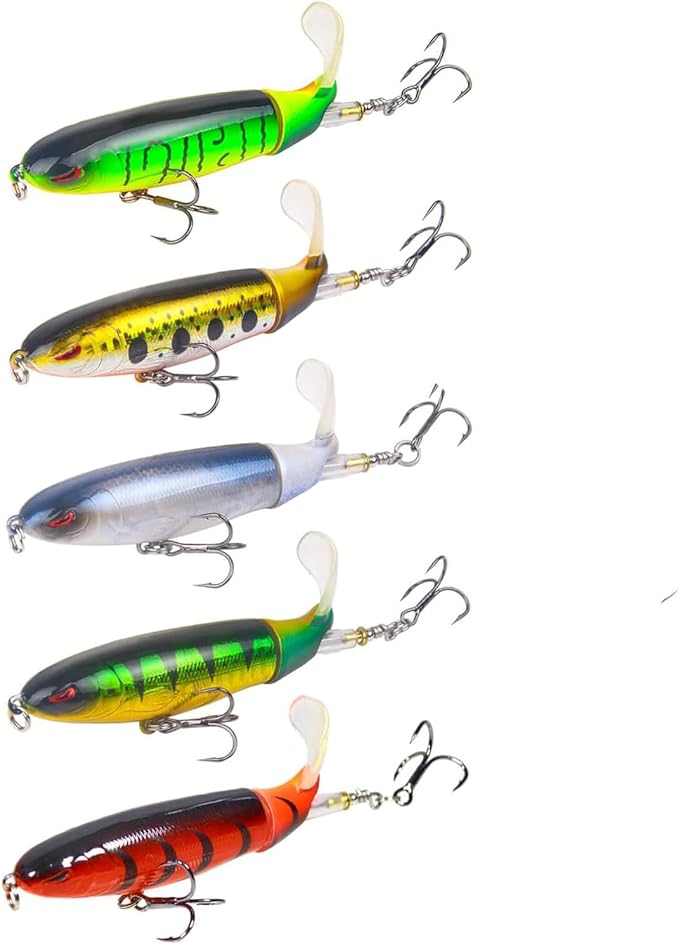 Popper Top Water Fishing Lure: Whopper Fishing Lures with Floating Rotating Tail Barb Treble Hooks Saltwater Freshwater for Bass