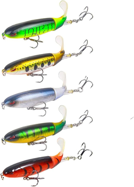 Popper Top Water Fishing Lure: Whopper Fishing Lures with Floating Rotating Tail Barb Treble Hooks Saltwater Freshwater for Bass