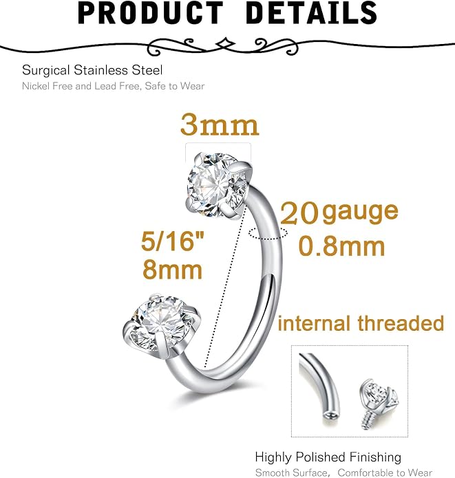 MODRSA 20g 16g 18g Piercing Taper Internal Threaded Piercing Taper Insertion Threader Tool Threadless Jewelry Changing Tool Horseshoe Nose Ring Labret Earring Studs Applicator Piercing Ball Grabber