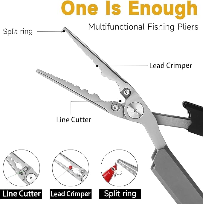 12-in-1 Folding Fishing Pliers, Compact Saltwater Fishing Tool with Braid Cutter, Hook Remover, Split Ring Opener, Stainless Steel Fishing Gear Gift for Men