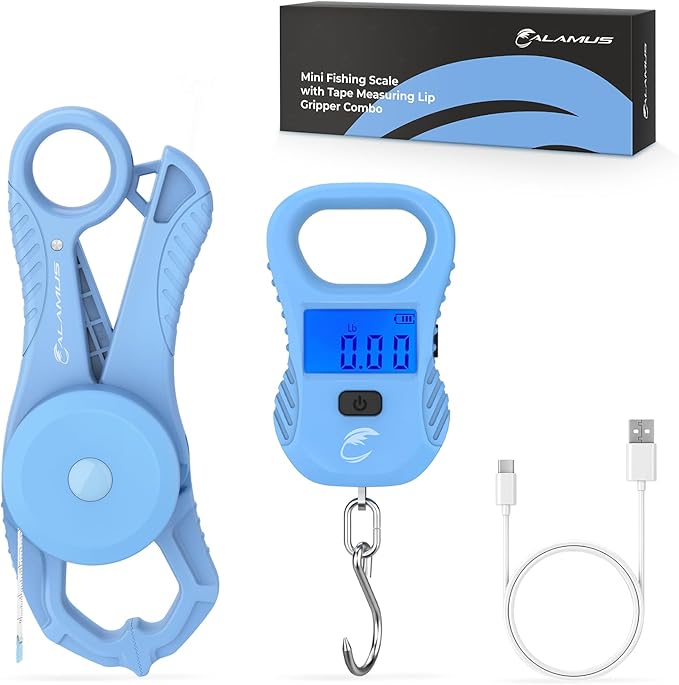 Calamus Lightweight 2pc Fishing Tool Kit – Fish Scale & Lip Gripper, Rechargeable Digital Scale with USB Cable, Lip Gripper with Soft Retractable and Detachable Measuring Tape, Fishing Gifts for Men