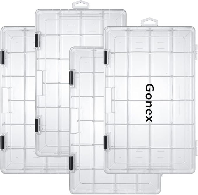Gonex Fishing Tackle Boxes, 3600 3700 Tackle Trays with Adjustable Dividers, Clear Plastic Tackle Box Organizer Storage for Fishing Lure Bait Hook Jewelry Craft Beads Earring Container, 3 or 4 Packs