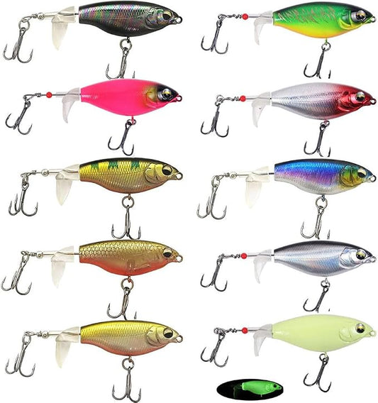 10PCS Top Water Fishing Lures Whopper Fishing Lure for Bass, Popper Fishing Lures with Floating Rotating Tail One Luminous Saltwater and Freshwater Plopping Lures for Bass