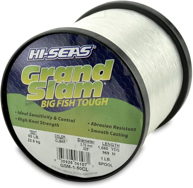 HI-SEAS Grand Slam Monofilament Fishing Line - Strong & Abrasion Resistant in Clear, Pink, Green, Smoke Blue, Fluorescent Yellow Freshwater & Saltwater - 1 lb Spool