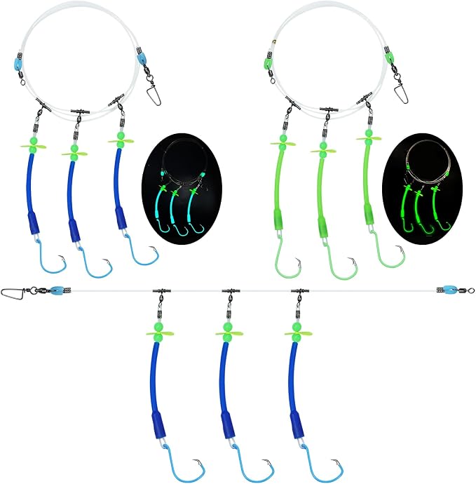Pre-Rigged Deep Drop Saltwater Rigs – Glow Tubes, Hooks, Beads & Spinner Blade – 6/0 8/0 Circle Hooks for Snapper/Grouper/Tilefish (3/6 Hooks)