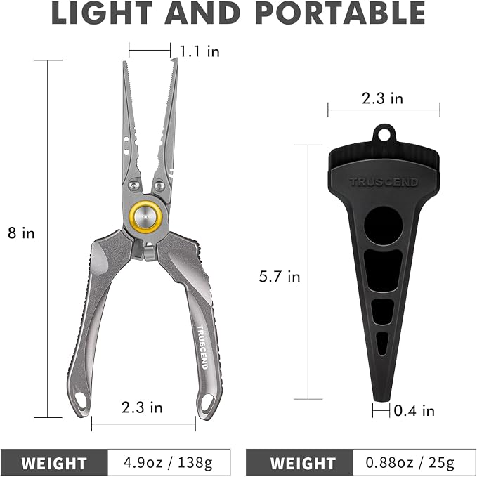 TRUSCEND Easy Use Lockable Fishing Pliers with Tungsten Carbide Cutter, Innovative Ergonomic Handy Handle, Saltwater Corrosion Resistant Teflon Coated Fishing Tool, Light Multi-Function Fishing Gear