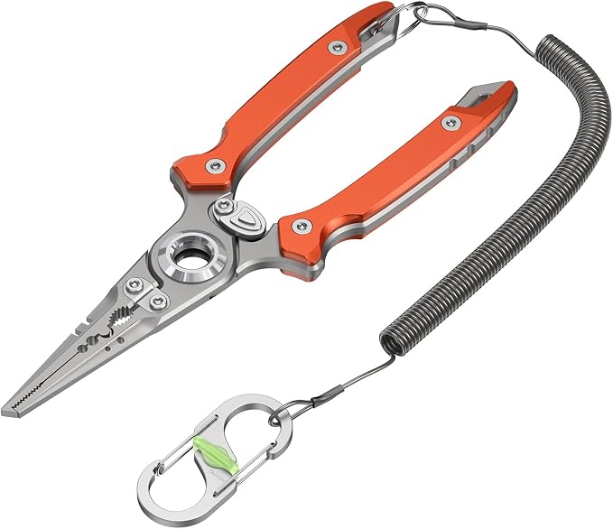 KEXMO 17-4 Stainless Steel Fishing Pliers, Anti-Twist Saltwater Hook Remover Tool, 7.17" Split Ring Pliers with Tungsten Cutters, Lightweight Aluminum Scales, Luminous Locking S-Carabiner