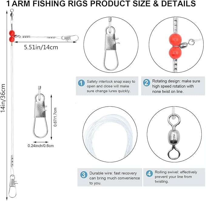 YOTO Fishing Leaders,Saltwater Tackle Rig with Swivels Snap, High-Strength Fishing Wire Gear Equipment for Lures Bait Or Hooks,1Arm and 2Arm