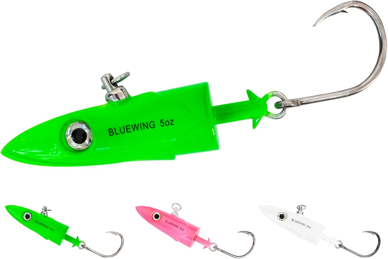 BLUEWING Jig Heads Saltwater 2oz,3oz,4oz,5oz,6oz,7oz Swimming Jigheads 1pc with High Carbon Steel Swing Hook and 6in/9in Replacement Tail Big Game Fishing Lures