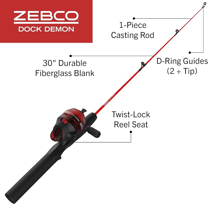 Zebco Dock Demon Spinning Reel or Spincast Reel and Fishing Rod Combo, 30-Inch Durable Fiberglass Rod, QuickSet Anti-Reverse Fishing Reel