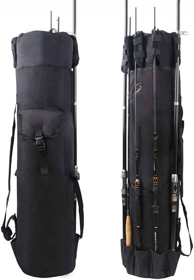 Fishing Rod Carrier Pole Bag Rod Case Large Storage Reel Bag Travel Carrier Organizer Holds 5 Reels Waterproof Fishing Gear Equipment Tackle Gifts for Men (Black)