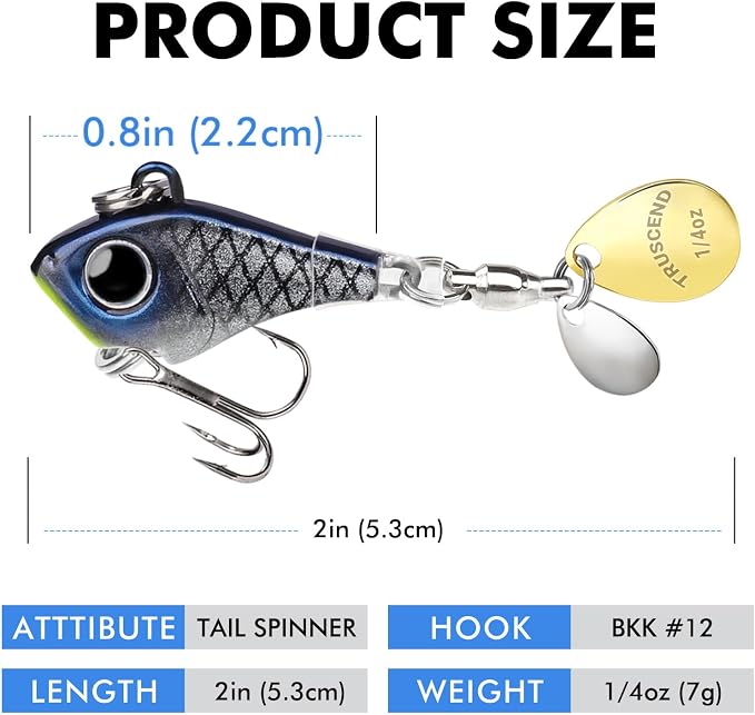 TRUSCEND Vibespinner Easy Catch Fishing Lures with BKK Hooks, Tail Spinner Baits with 4 Actions, Vibrating Swimming Flashing & Jigging for More Bites, Spoon Lures for Bass Trout Crappie Walleye Pike