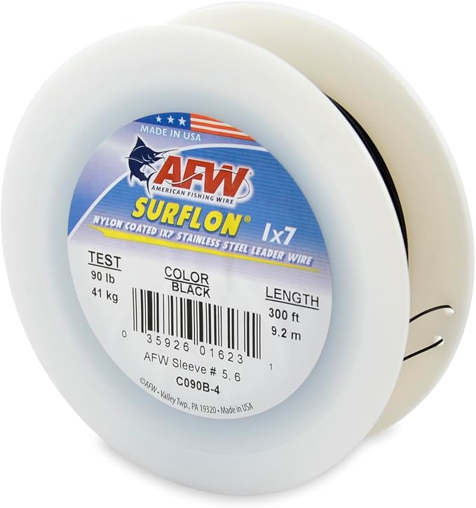 American Fishing Wire Surflon Nylon Coated 1x7 Stainless Steel Wire Leader - Wire Fishing Leader Line for Saltwater 10lb Up To 250lb Test in Bright, Black, Camo in 30ft, 100ft, 300ft, & 1000ft Lengths