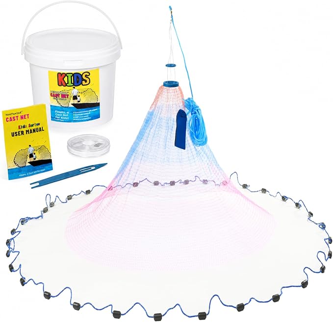 Fishing Cast Net for Kids, Colorful Throw Net for Freshwater & Saltwater, Eco-Friendly Lead Weights, 3/8inch Mesh Size, 0.8/LB Per ft, 3/4.5 Ft Radius Casting Net