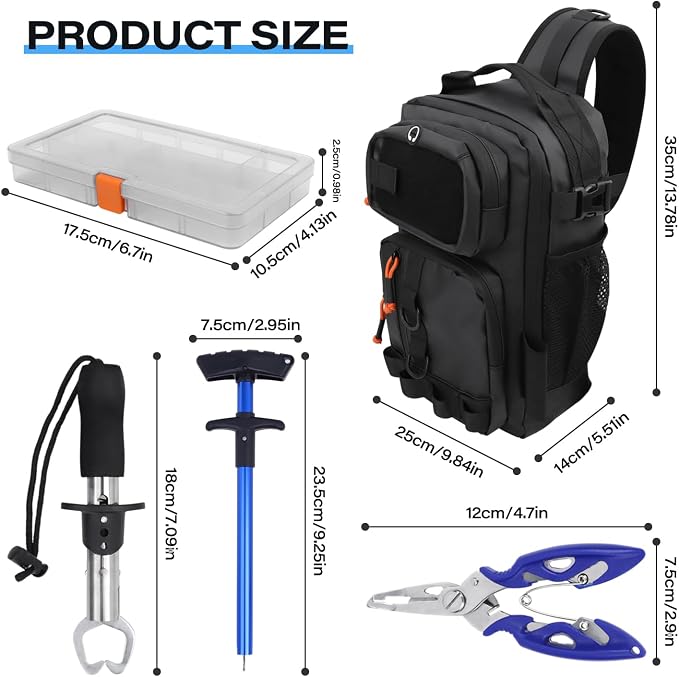 Fishing Backpack with Tackle Boxes,Waterproof Fishing Shoulder Bag for Fishing Gear,Fish Bag with 136 Pcs Fishing Lures Kit,Fish Hook Remover Tool,Fish Lip Gripper,Fishing Plier,Gifts for Men (Black)