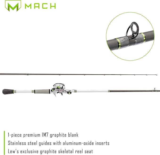 Lew's MACH 2 Spinning Reel and Fishing Rod Combo, IM8 Graphite Blank Fishing Rod, Right or Left-Hand Retrieve, Winn Dri-Tac Ultra Handle, Black/Green