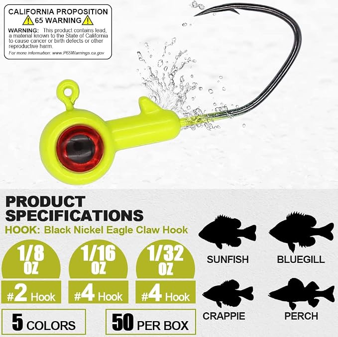 XFISHMAN Crappie-Jigs-Heads-Kit 1/8 1/16 1/32oz 50 Pack Panfish Fishing Jigs Lead Head Jig Hook Lure