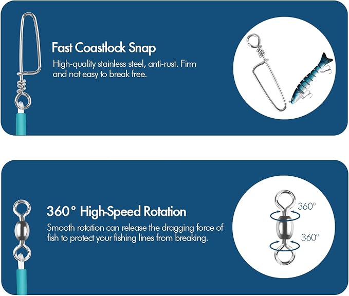 Fluorocarbon Fishing Leader Line with Swivels Snap Kits Connect Tackle Lures Rig or Hooks, High Strength Tooth Proof Fishing Leader Line for Saltwater Freshwater