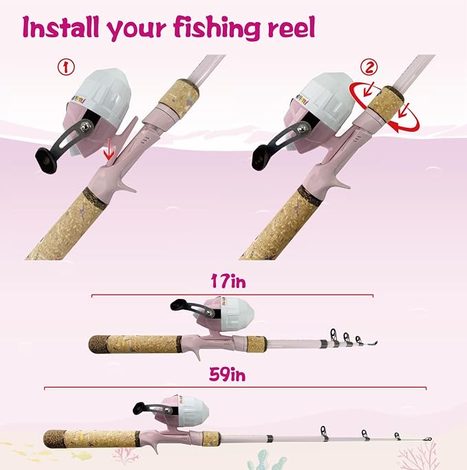 Kids Rod Set, Kids Fishing Rod and Reel Combo and Fishing Net Tackle Box with Fishing Lure Hook and Bag for Girls Beginners, Kids, Youth Anglers