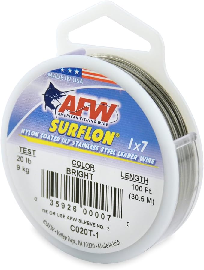 American Fishing Wire Surflon Nylon Coated 1x7 Stainless Steel Wire Leader - Wire Fishing Leader Line for Saltwater 10lb Up To 250lb Test in Bright, Black, Camo in 30ft, 100ft, 300ft, & 1000ft Lengths