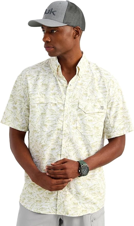 HUK Men's Tide Point Kc Scott Original Artwork Short Sleeve Shirt, Fishing Button Down
