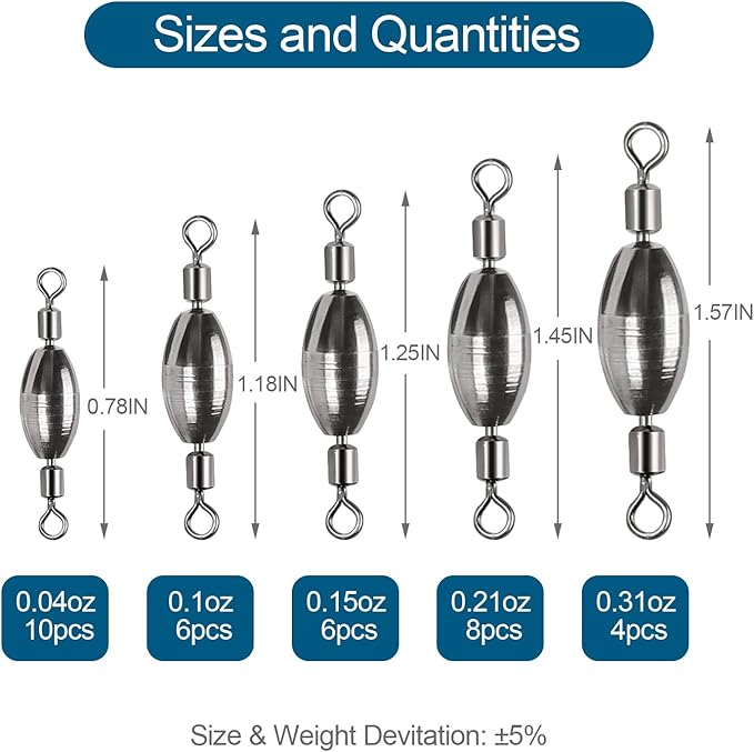 34Pcs Fishing Weights Swivel Brass Sinkers Fishing Weight, Bullet Sinker Weight Kit Tackle, Rolling Swivel Saltwater Freshwater Drop Shot Weights
