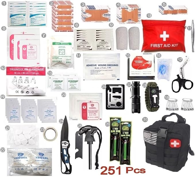 Galaxy 251 Pcs First Aid Kits for Survival Emergency Trauma Military Tactical Medical Hunting Camping Hiking Fishing IFAK EMT Bag (Black Color 251 Pcs)