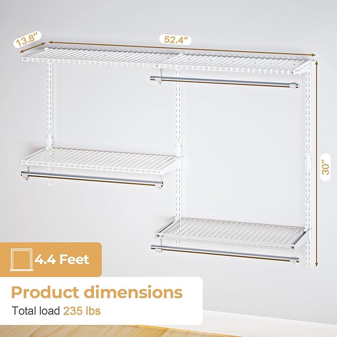 Wire Closet Organizer System, Wall Mounted 4.4 Ft. Custom Closet Kit for Bedrooms, Adjustable Storage Shelves for Clothes, Shoes, and Handbags