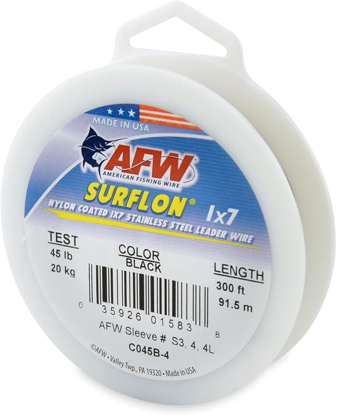 American Fishing Wire Surflon Nylon Coated 1x7 Stainless Steel Wire Leader - Wire Fishing Leader Line for Saltwater 10lb Up To 250lb Test in Bright, Black, Camo in 30ft, 100ft, 300ft, & 1000ft Lengths