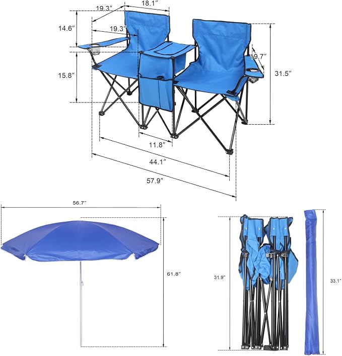 2-Person Folding Beach Chair with Removable Umbrella, Double Camping Chair with Built-in Cooler Bag & Cup Holders, Portable Outdoor Loveseat for Picnic, Fishing and Sports, Blue