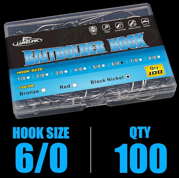 Baitholder Fishing Hooks 100 Pack - Double-Barbed Long Shank for Bluegill Bass Trout Walleye Black/Red, 8/0-#8