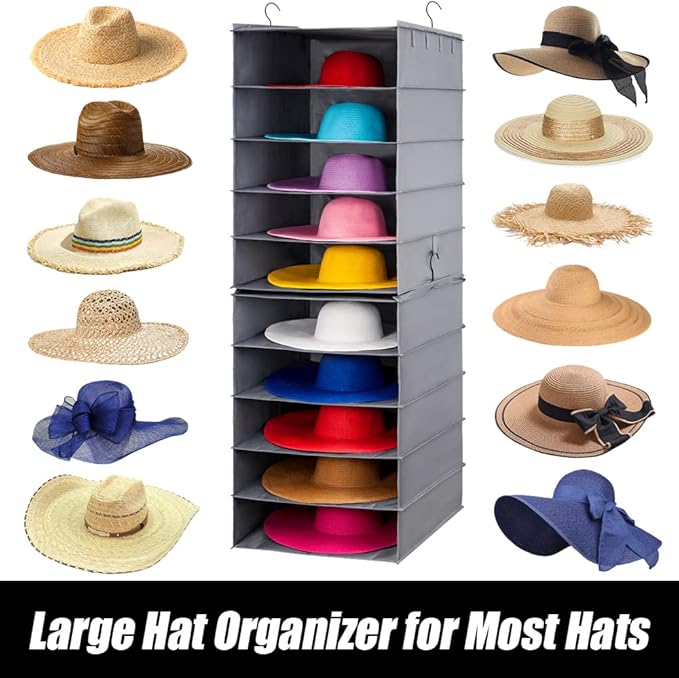 LADYBRO Large Hat Storage for Closet Hanging Organizer for Wide Brim 10 Shelf Oversized Racks Sunhat Cowboy Fedora Floppy Collection Box Container Display Big Brimmed Holder Space Saver Organization