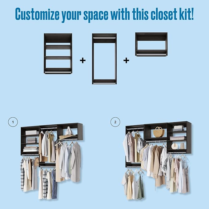 Closet Kit with Hanging Rods - Corner Closet System - Closet Shelves - Closet Organizers and Storage Shelves (Grey, 96 inches Wide) Closet Shelving