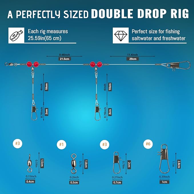 Narcissus Double Drop Saltwater Fishing Rig – Mono 2 Hook Bottom Rigs with Swivels & Snaps, Pre-Tied Surf Pier Boat Leader Line for Snapper, Bass, Mackerel, Catfish
