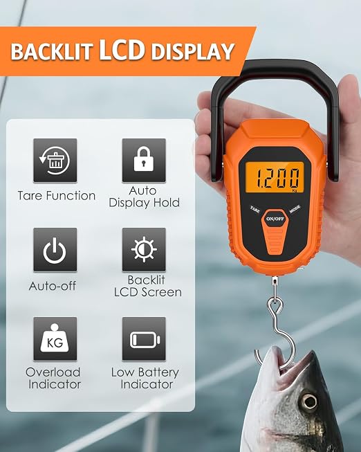 Digital Fishing Scale with Lip Gripper & Tape Measure, 110lb/50kg Waterproof Fish Weight Scale with LCD Display, Hanging Fish Weigher for Bass Fishing & Boat, Perfect Fishing Gifts for Men