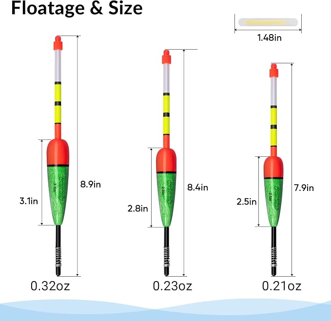 QualyQualy Lighted Fishing Slip Bobber 4-5Pcs Wood/EVA Fish Float + 8-10Pcs Glow Sticks, Night Fishing Light Up Slip Bobber for Crappie Bass Panfish Catfish Walleye