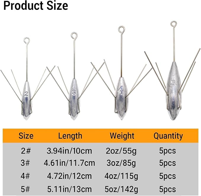 5 Pcs Sputnik Sinker Fishing Weights Lead Long Tail Fishing Equipment Surfing Casting Spider Sinkers for Saltwater Catfish Beach Sand Ocean
