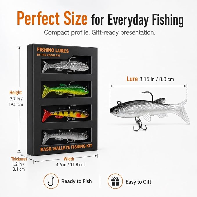 Soft Fishing Lure Kit for Bass/Trout/Pike/Salmon, 4Pcs Fishing Gear for Individually Packaged Baits with Gift Box