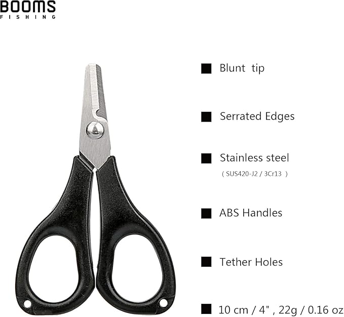 Booms Fishing Scissors for Braided Line: Braided Line Cutter with Zinger Retractor for Saltwater and Freshwater - Micro Serrated Shears Multi-Function Fishing Snips, S01 3.9" Black