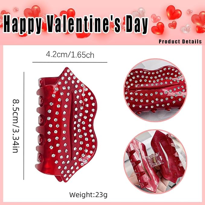 1 Pack Hair Clips for Women Wine Red Sexy Lips Exquisite Claw Clips for Thick or Thin Hair Crystal Rhinestones Design Hair Clamp Clip Holiday Wedding Hair Barrette Hair Accessories Styling